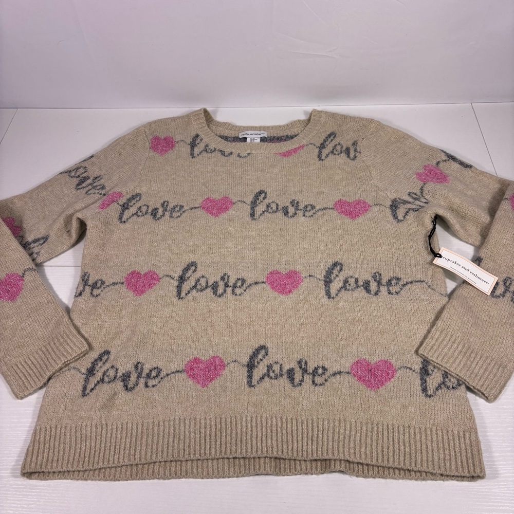 NWT Cupcakes & Cashmere Beige & Pink Hearts Love Sweater Size XL